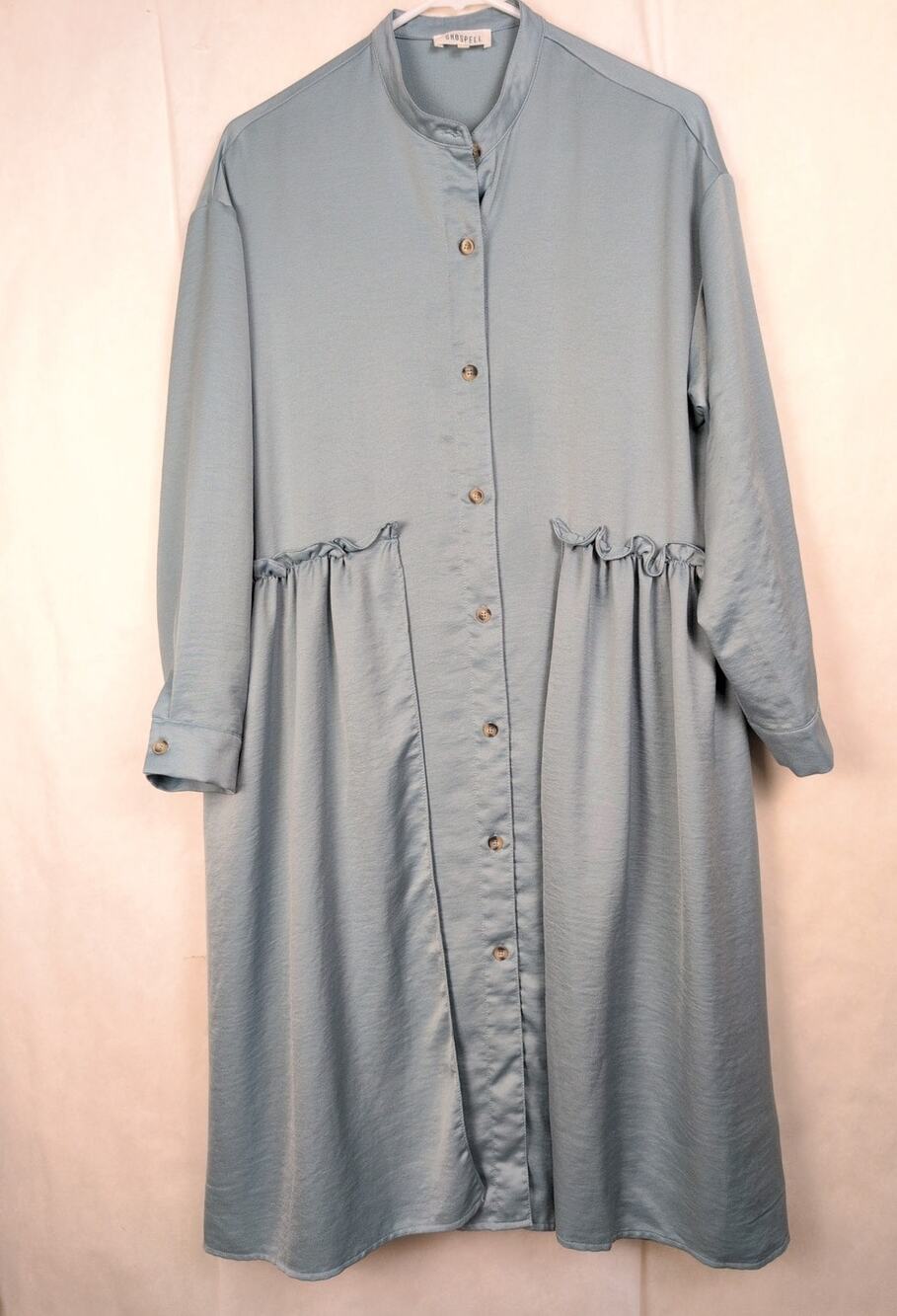 Ghospell green satin button up panel shirt dress Size XS Modest Retro Oversized